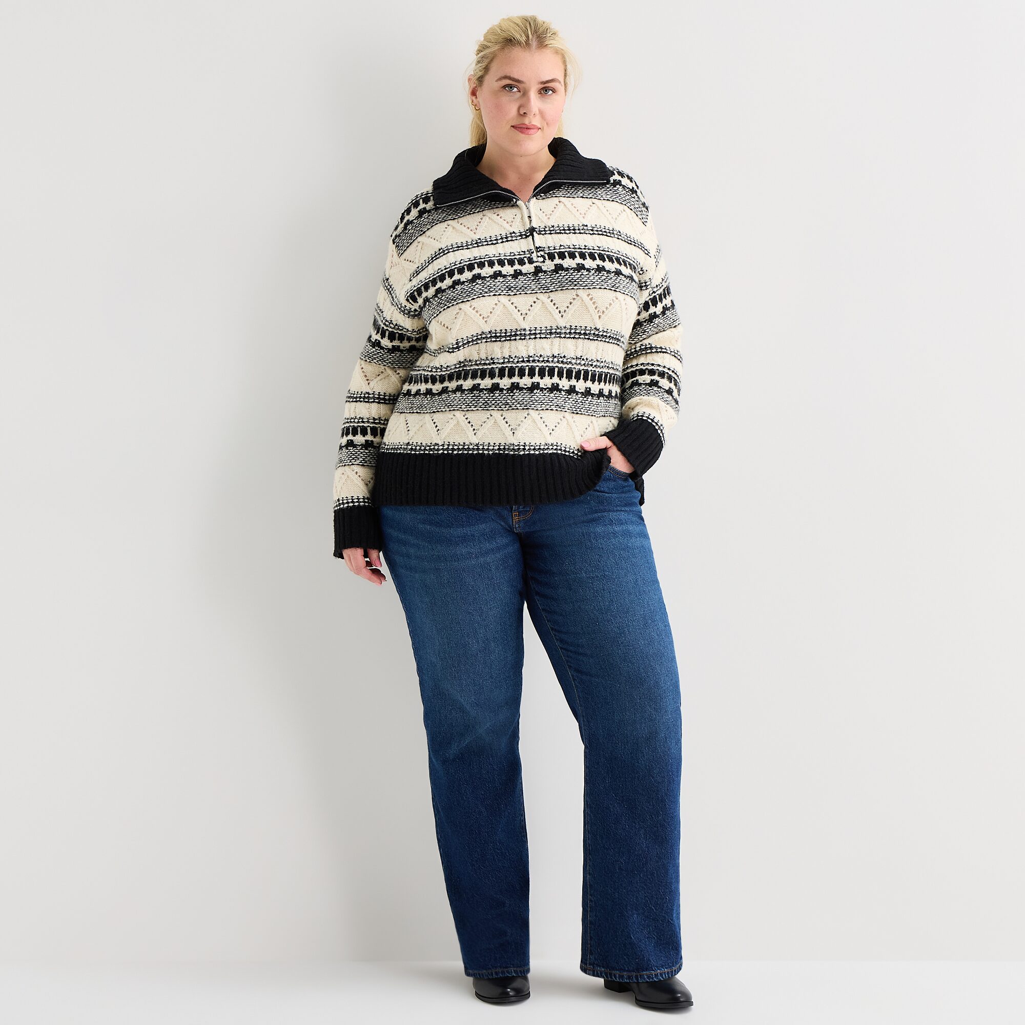 St. John's Bay Womens Long Sleeve Plus Striped Quarter-Zip Pullover Sweater