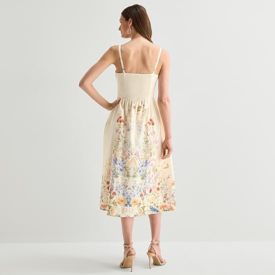 Melonie T Womens Midi Sweetheart Neck Sleeveless Floral Fit + Flare Dress