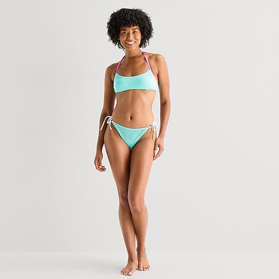 Arizona Womens Lined Side Tie Textured Juniors Cheeky Bikini Swimsuit Bottom