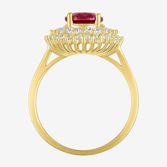 Womens Lab Created Red Ruby 14K Gold Over Silver Halo Side Stone Cocktail Ring