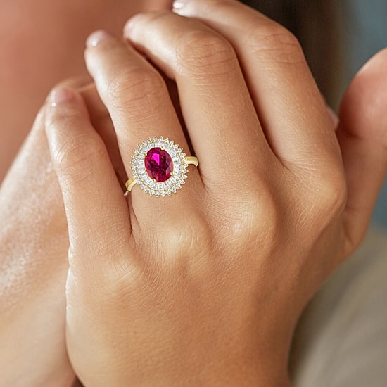 Womens Lab Created Red Ruby 14K Gold Over Silver Halo Side Stone Cocktail Ring