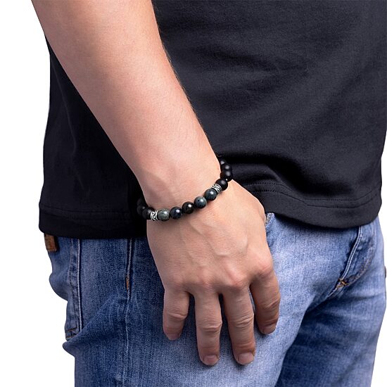 Mens Black Agate Sterling Silver Beaded Bracelet
