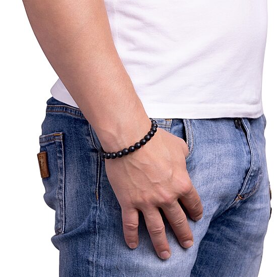 Mens Black Agate Sterling Silver Beaded Bracelet
