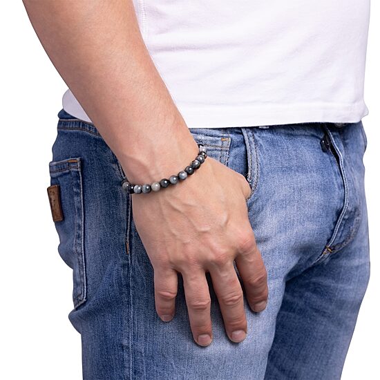 Mens Gray Agate Sterling Silver Beaded Bracelet