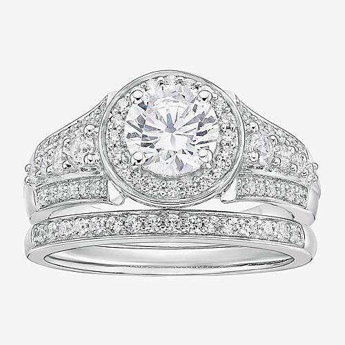 DiamonArt Womens White Cubic Zirconia Sterling Silver Bridal Set, 6, Sterling Silver