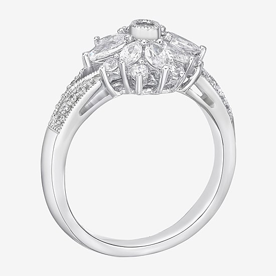 DiamonArt® Womens White Cubic Zirconia Sterling Silver Cluster Cocktail Ring