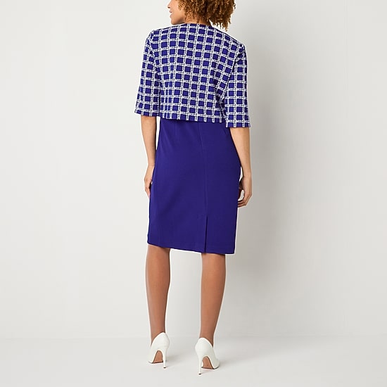 Maya Brooke Womens Pearl Trim Grid Jacket Dress