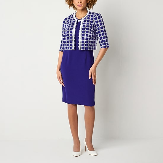 Maya Brooke Womens Pearl Trim Grid Jacket Dress