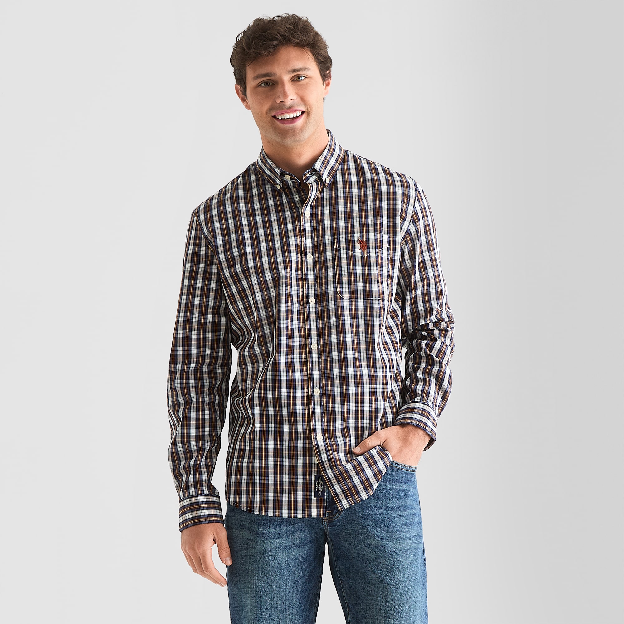 U.S. Polo Assn. Stretch Poplin Mens Long Sleeve Classic Fit Stretch Fabric Embroidered Button-Down Shirt