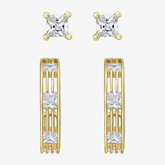 Rebecca Minkoff Womens White Cubic Zirconia 14K Gold Over Brass 2 Pair Earring Set