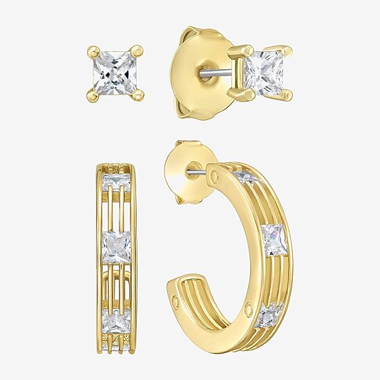 Rebecca Minkoff Womens White Cubic Zirconia 14K Gold Over Brass 2 Pair Earring Set