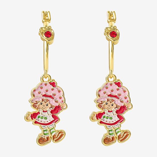 Strawberry Shortcake Womens Red Crystal 18K Gold Over Brass 38.2mm Round Strawberry Shortcake Hoop Earrings
