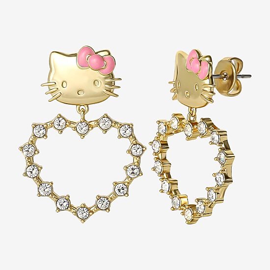 Womens Crystal 18K Gold Over Brass Round Hello Kitty Drop Earrings