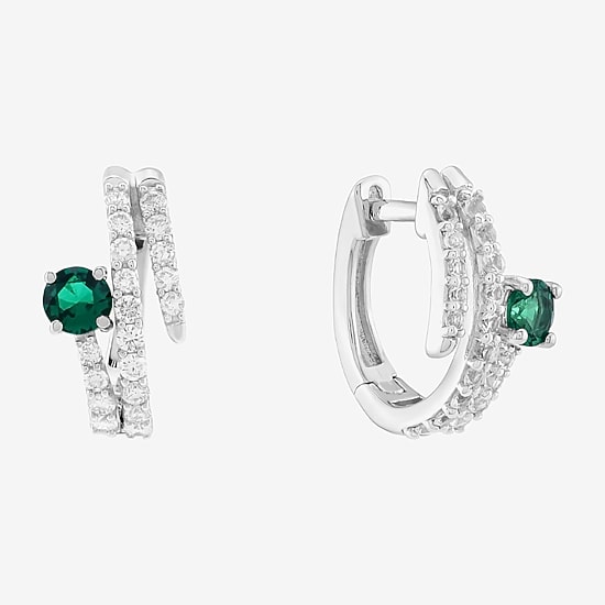 Limited Quantities! Womens Lab Created Green Emerald Sterling Silver 15.5mm Hoop Earrings