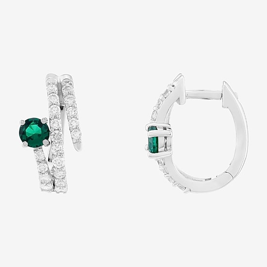 Limited Quantities! Womens Lab Created Green Emerald Sterling Silver 15.5mm Hoop Earrings