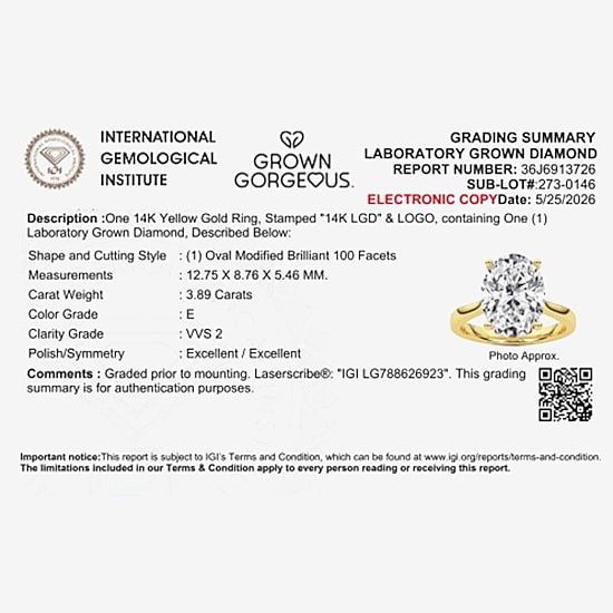 Grown Gorgeous (F / Vs2) Womens 3 3/4 CT. T.W. Lab Grown White Diamond 14K Gold Oval Solitaire Engagement Ring