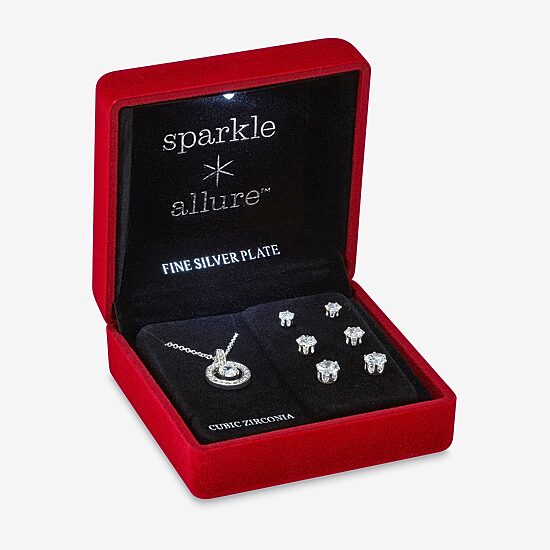 Sparkle Allure Light Up Box Womens Cubic Zirconia Pure Silver Over Brass Round 4-pc. Jewelry Set