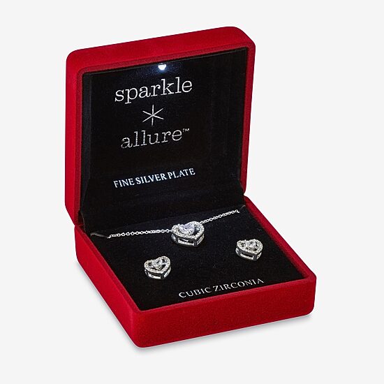 Sparkle Allure Light Up Box Womens Cubic Zirconia Pure Silver Over Brass Heart 2-pc. Jewelry Set