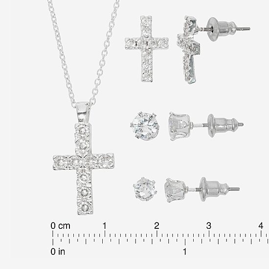 Sparkle Allure Light Up Box Womens Cubic Zirconia Pure Silver Over Brass Cross 4-pc. Jewelry Set