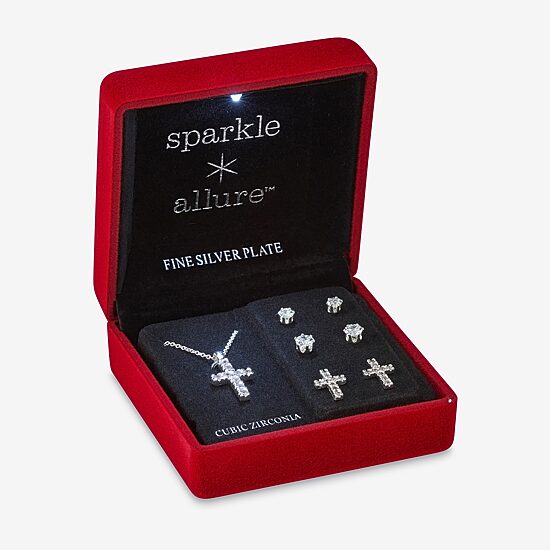 Sparkle Allure Light Up Box Womens Cubic Zirconia Pure Silver Over Brass Cross 4-pc. Jewelry Set