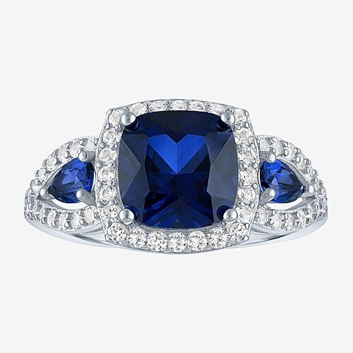 Womens Lab Created Blue Sapphire Sterling Silver Halo Side Stone Cocktail Ring, 7