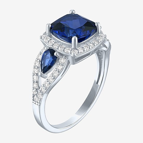 Womens Lab Created Blue Sapphire Sterling Silver Halo Side Stone Cocktail Ring