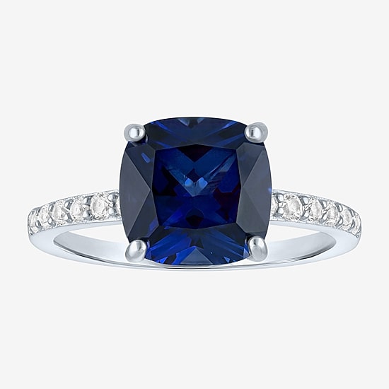 Womens Lab Created Gemstone Sterling Silver Side Stone Solitaire Cushion Cocktail Ring