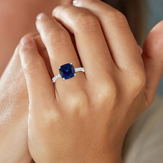 Womens Lab Created Gemstone Sterling Silver Side Stone Solitaire Cushion Cocktail Ring