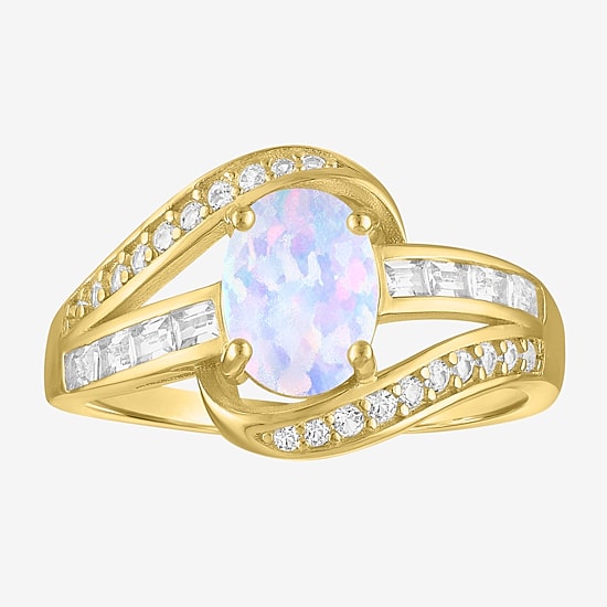 Womens Lab Created White Opal 14K Gold Over Silver Crossover Side Stone Cocktail Ring