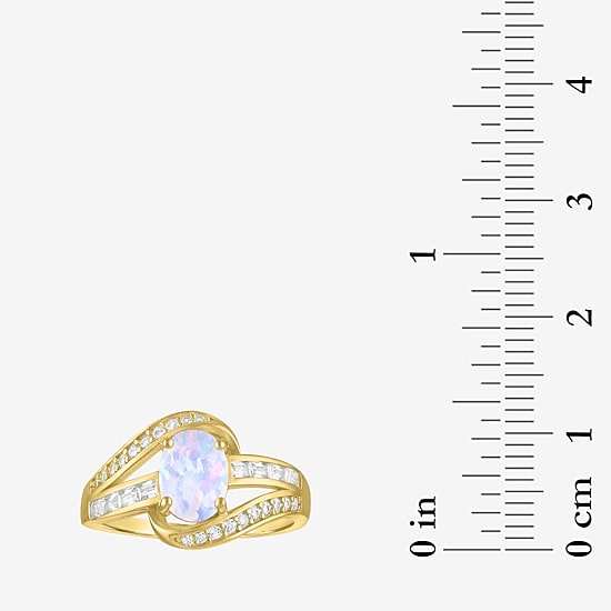 Womens Lab Created White Opal 14K Gold Over Silver Crossover Side Stone Cocktail Ring