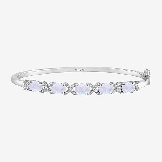 Womens Lab Created White Opal Casted Sterling Silver Bangle Bracelet
