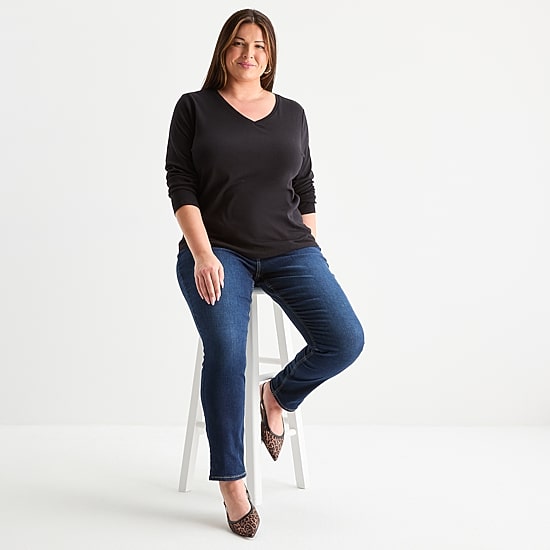 Liz Claiborne Womens Plus V Neck Long Sleeve T-Shirt