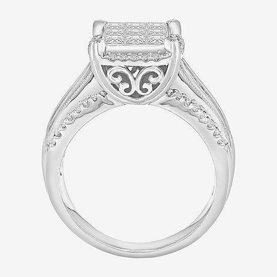 Womens 1 CT. T.W. Lab Grown White Diamond Side Stone Halo Engagement Ring