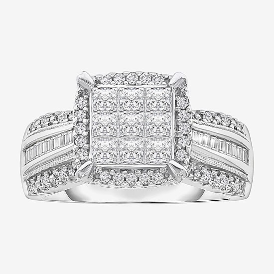 Womens 1 CT. T.W. Lab Grown White Diamond Side Stone Halo Engagement Ring