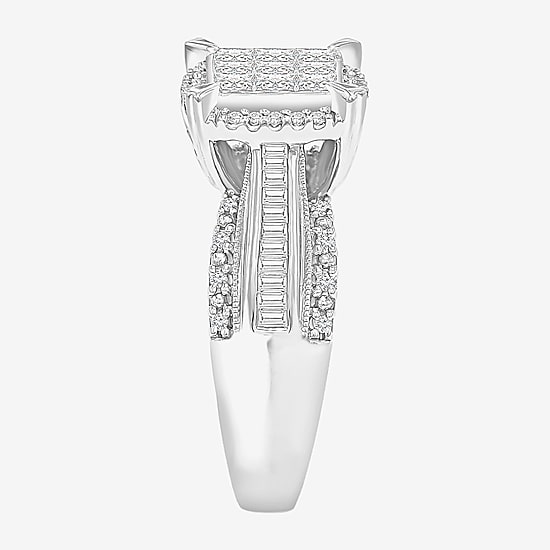Womens 1 CT. T.W. Lab Grown White Diamond Side Stone Halo Engagement Ring