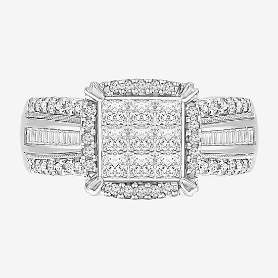 Womens 1 CT. T.W. Lab Grown White Diamond Side Stone Halo Engagement Ring