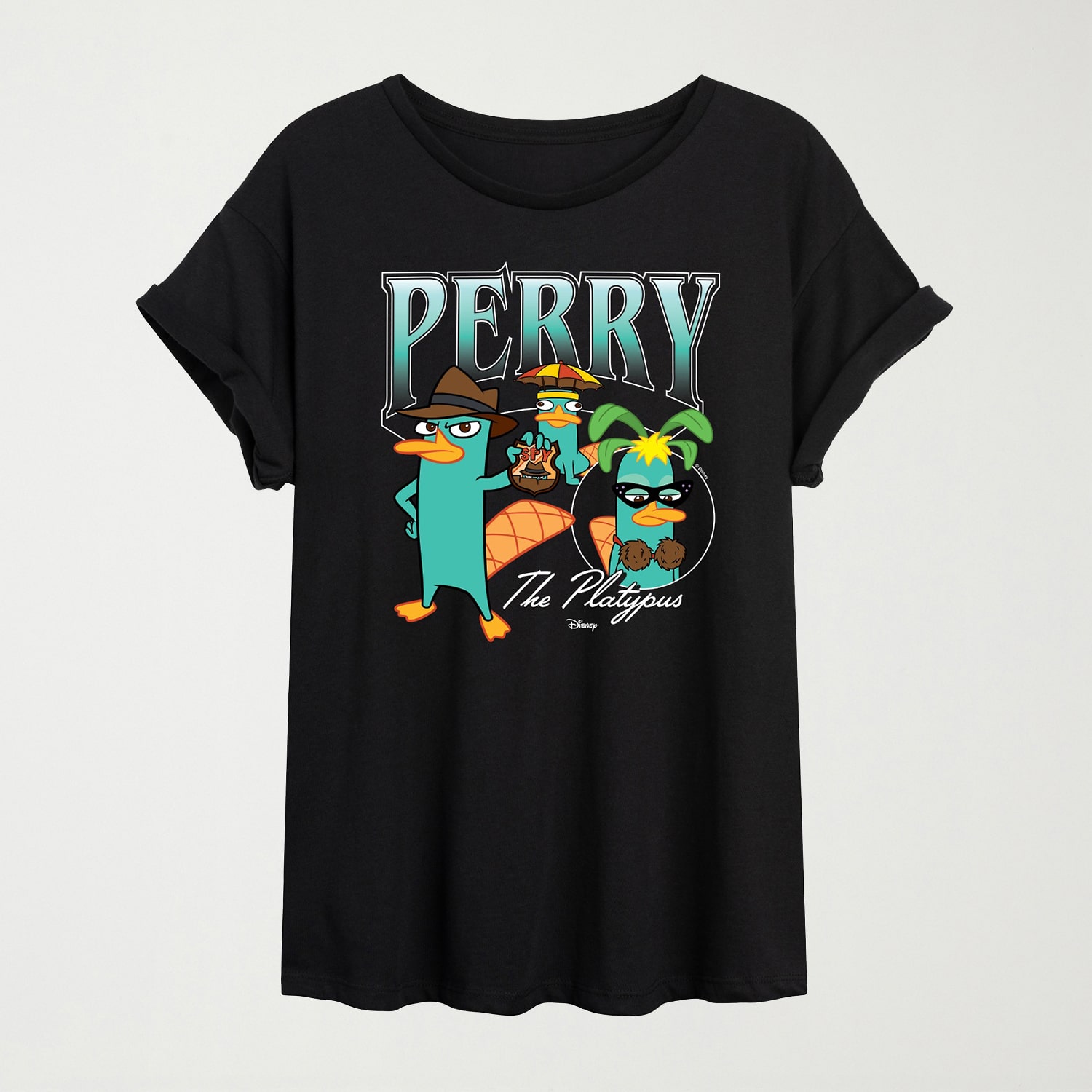 Womens Juniors Crew Neck Short Sleeve Oversized Phineas and Ferb Graphic T-Shirt