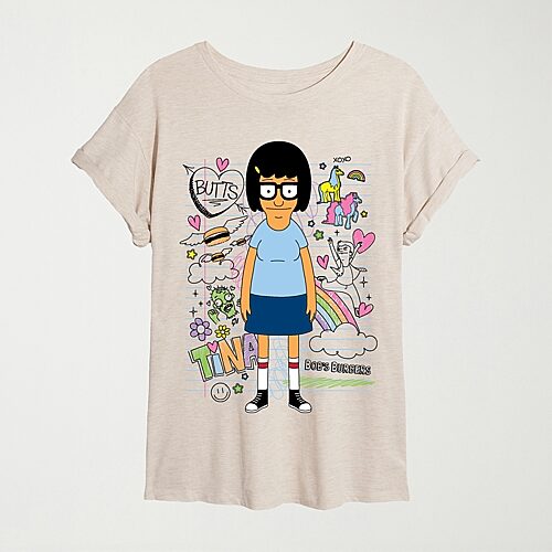 Womens Juniors Crew Neck Short Sleeve Oversized Bob's Burgers Graphic T-Shirt, X-large, Beige
