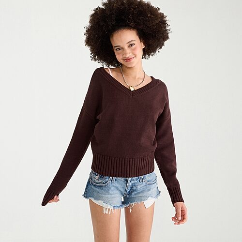 Aéropostale Womens V Neck Long Sleeve Pullover Sweater In Brown