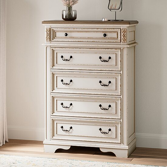 Signature Design by Ashley Realyn 5-Drawer Chest of Drawers in Chipped White
