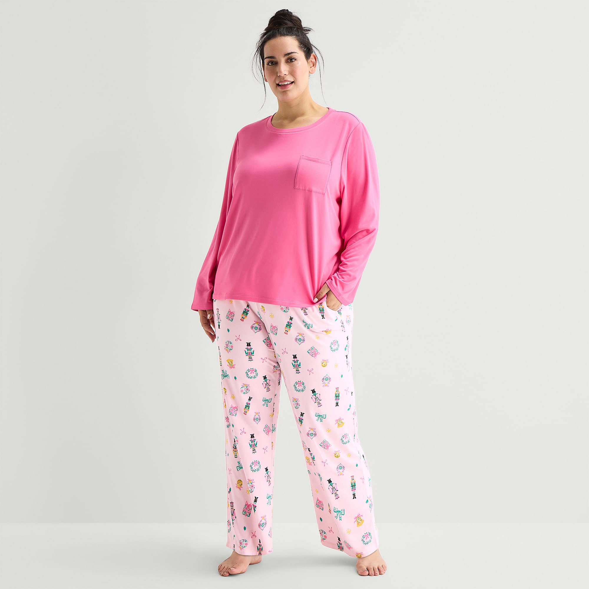 Jaclyn Womens Crew Neck Long Sleeve 2-pc. Plus Pajama Set
