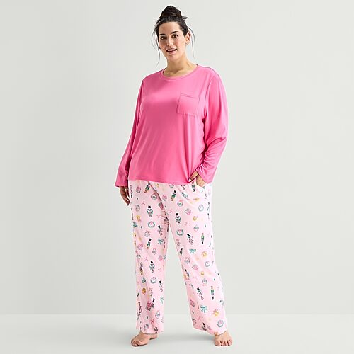 Jaclyn Womens Crew Neck Long Sleeve 2-pc. Plus Pajama Set In Pink