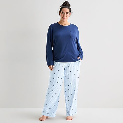 Jaclyn Womens Crew Neck Long Sleeve 2-pc. Plus Pajama Set In Blue