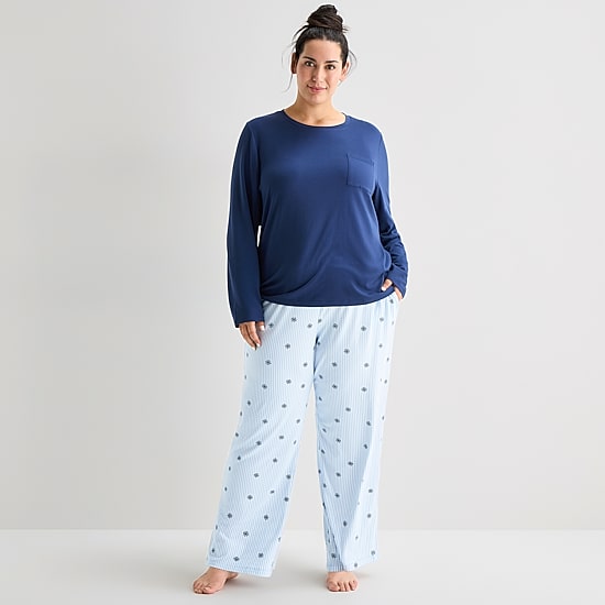 Jaclyn Womens Crew Neck Long Sleeve 2-pc. Plus Pajama Set