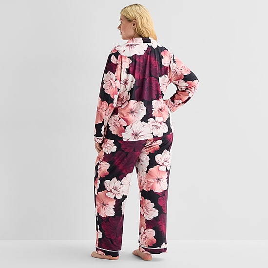 Ambrielle Womens V-Neck Long Sleeve 2-pc. Plus Pajama Set
