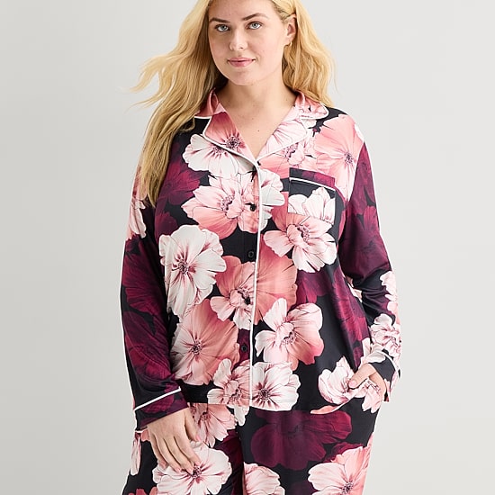 Ambrielle Womens V-Neck Long Sleeve 2-pc. Plus Pajama Set