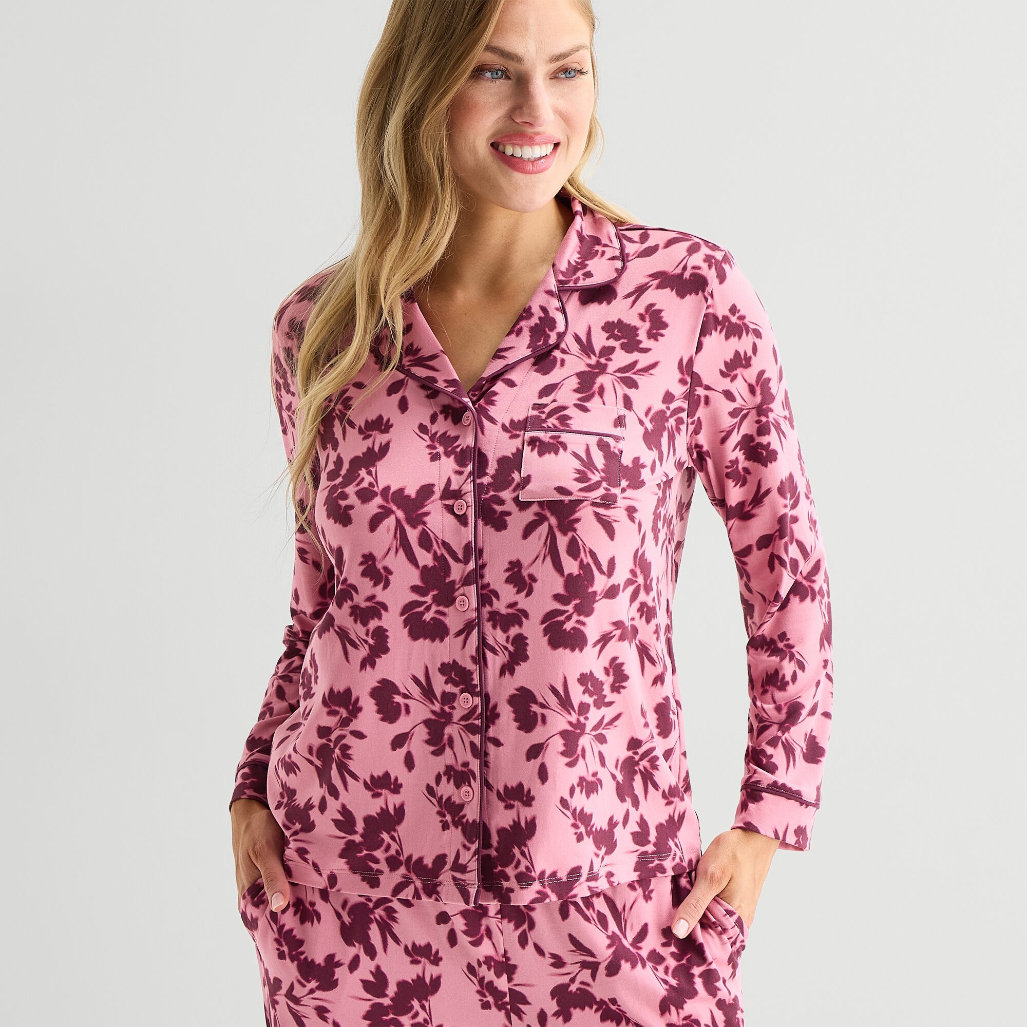 Ambrielle Womens V-Neck Long Sleeve 2-pc. Pajama Set