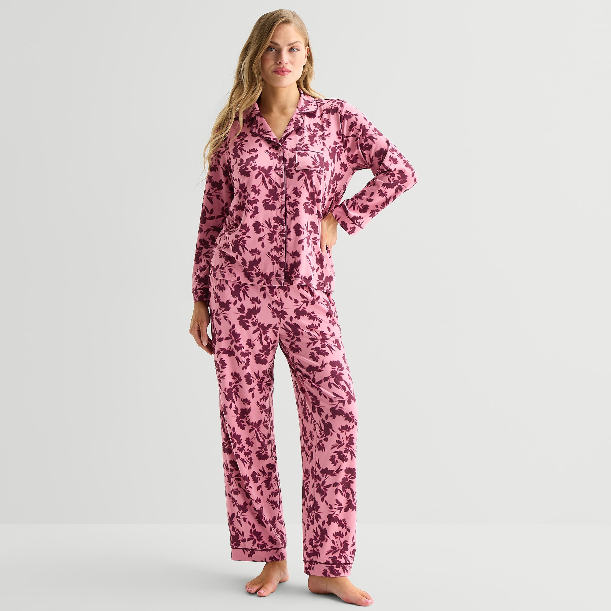 Ambrielle Womens V-Neck Long Sleeve 2-pc. Pajama Set