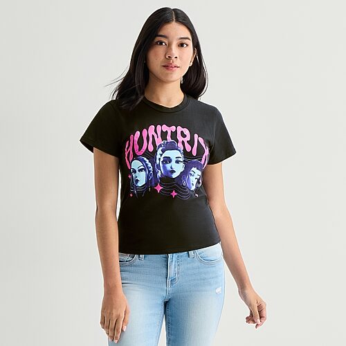 Womens Juniors Crew Neck Short Sleeve Fitted KPOP Demon Hunters Graphic T-Shirt, X-large, Black