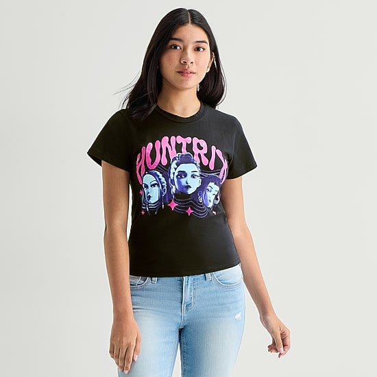 Womens Juniors Crew Neck Short Sleeve Fitted KPOP Demon Hunters Graphic T-Shirt
